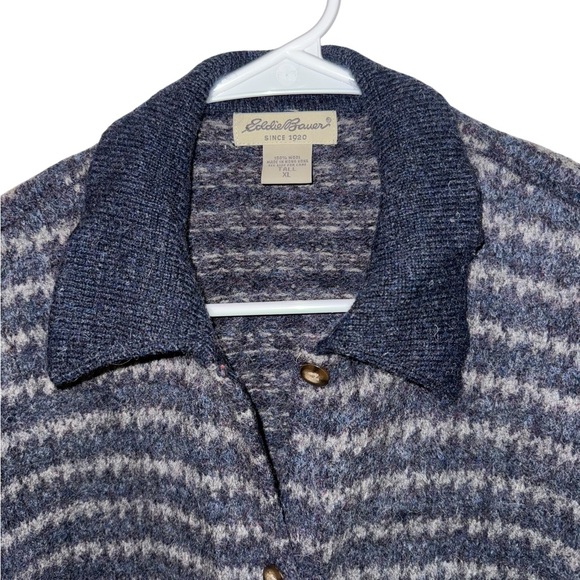 Vintage Eddie Bauer 100% Wool Navy and Charcoal Button Down Turtleneck Sweater - Picture 4 of 6